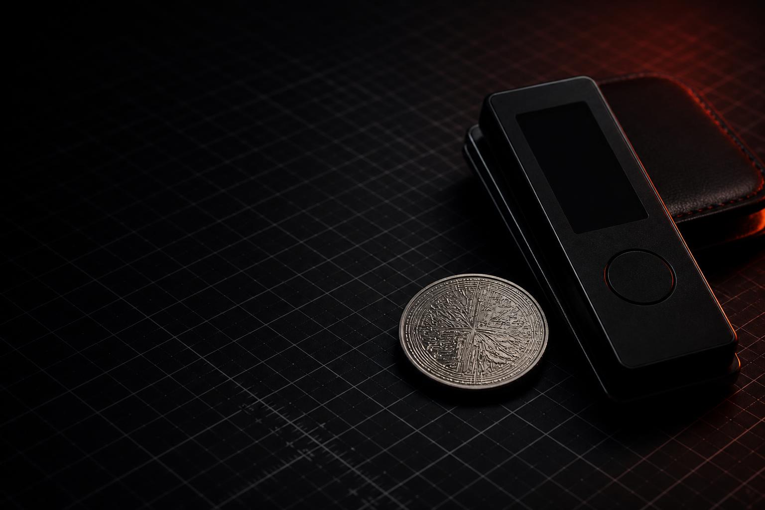 Hardware wallet and metal crypto token on an analyst's technical grid